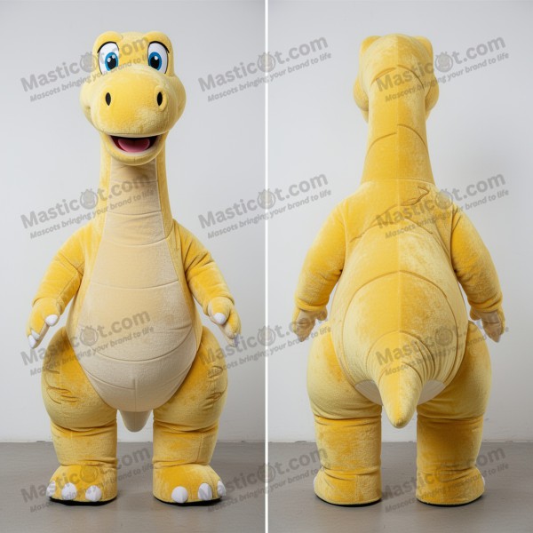 Costum mascotă brahiozaur prietenos, galben lămâie -