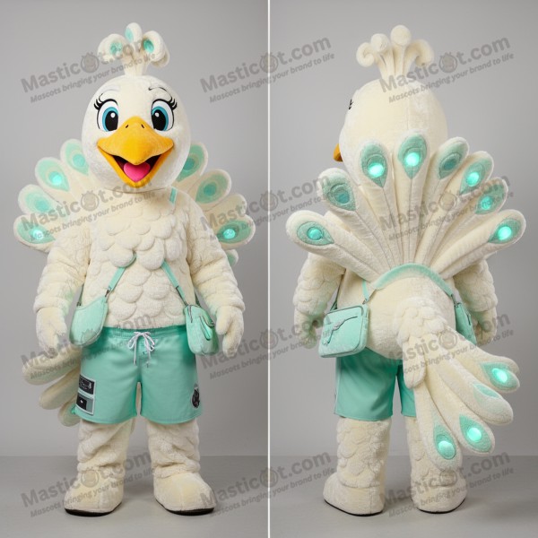 Cream white feathered peacock mascot - Masticot.com