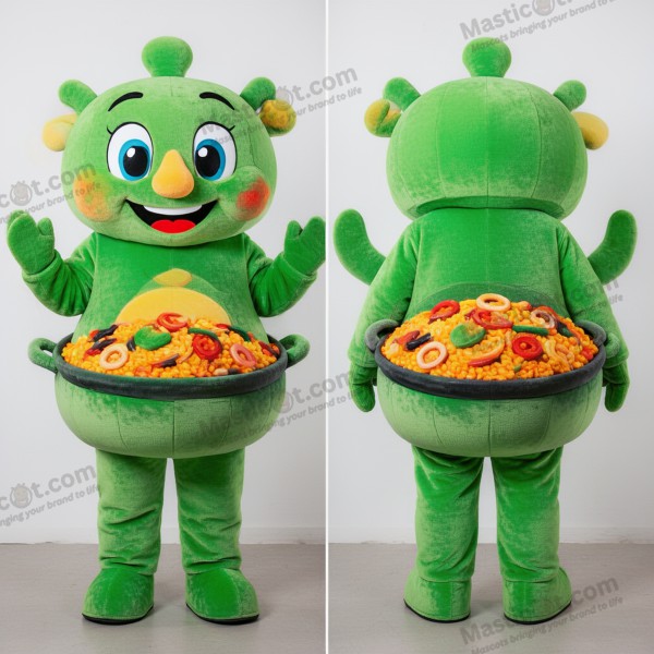 Mascote de paelha verde-esmeralda com ombros largos -
