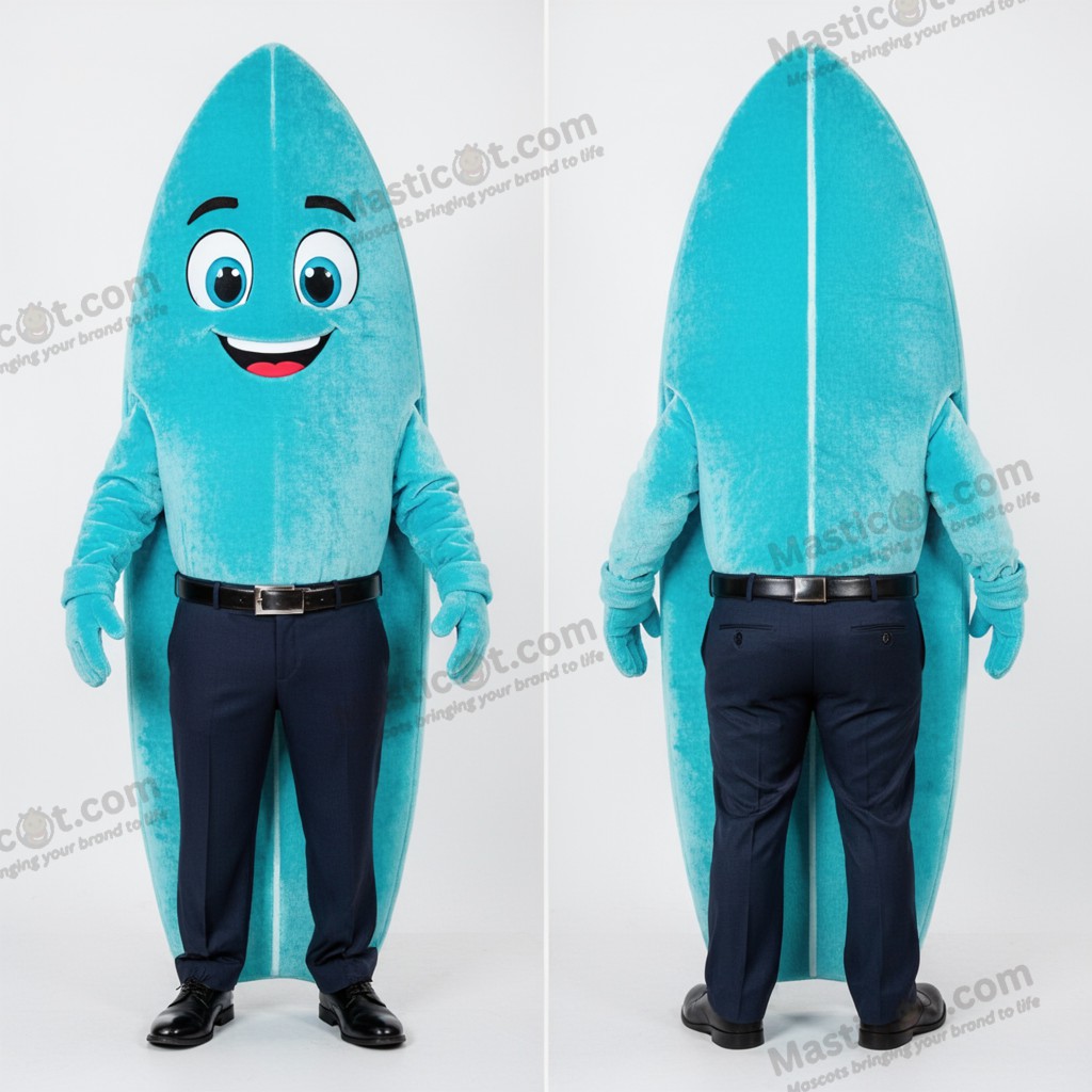 Cyan maskotdräkt med elegant surfbräda - Surfbräda - MASTICOT_15718 - Masticot.com