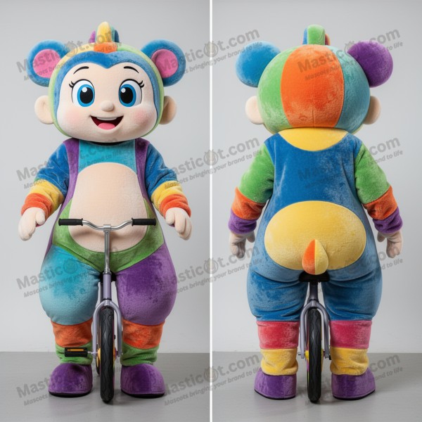 Bredskuldret enhjulssyklist-maskot i mørkeblå denim -