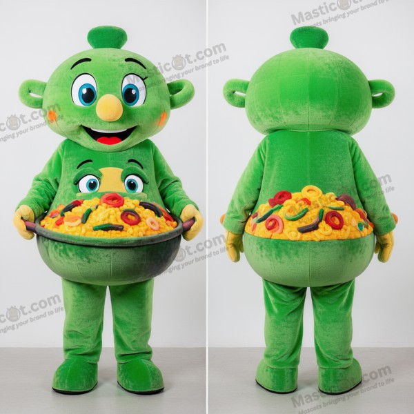 Mascote de Paella Verde Vibrante em Estilo Cartoon -