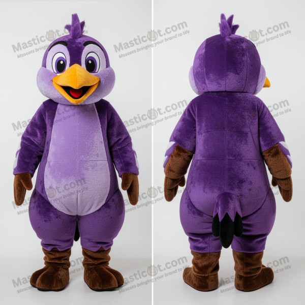 Mascotte cartoon de pic-vert en velours violet -
