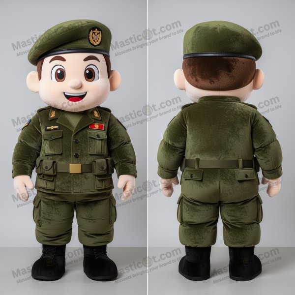 Olive Green Plush Green Beret Mascot with Khaki Dungarees -