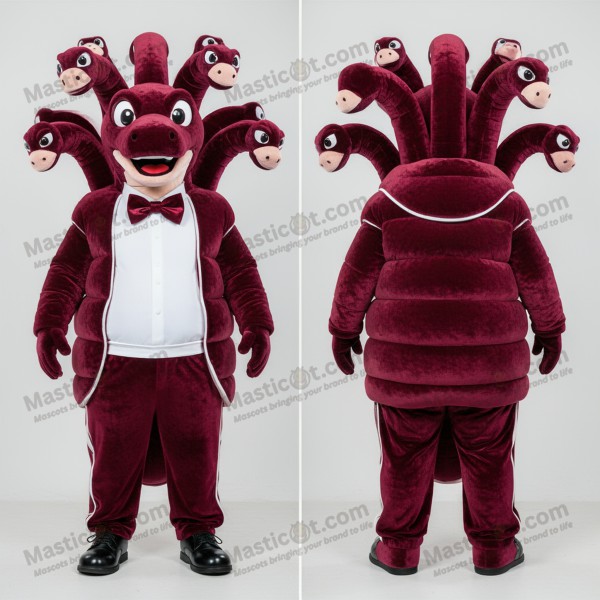Maroon velvety multi headed hydra mascot - Masticot.com