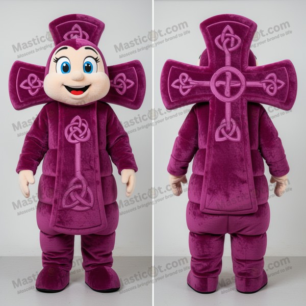 Magenta Plush Celtic Cross Mascot with Expressive Cartoon