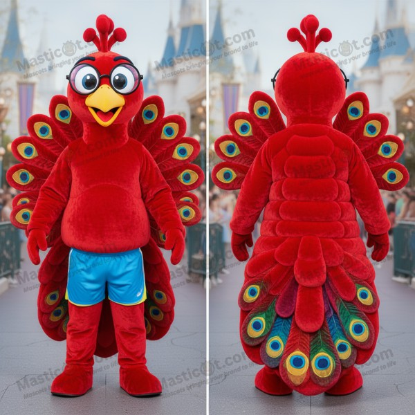 Velvety red feathered peacock mascot - Masticot.com