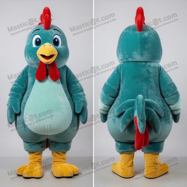 Mascotă cocoș cu cap pufos, de culoare teal - Masticot.com