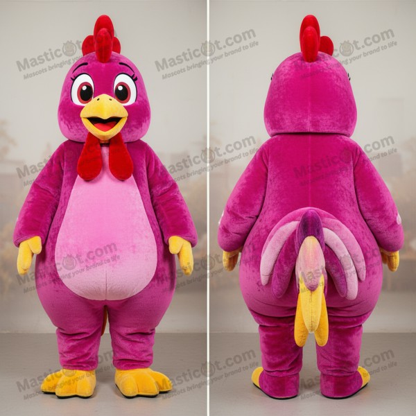 Mascotă de cocoș magenta, cu pene rotunjite - Masticot.com