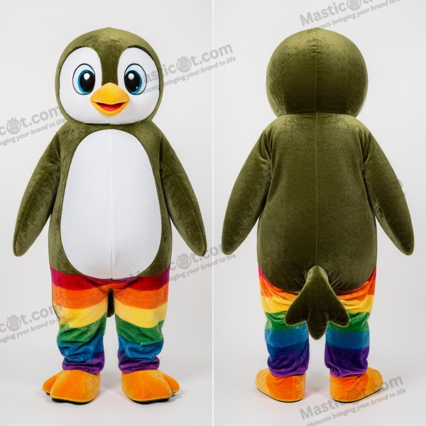 Samtiger Pinguin-Maskottchen in Olivgrün - Pinguin - MASTICOT_25641 - Masticot.com