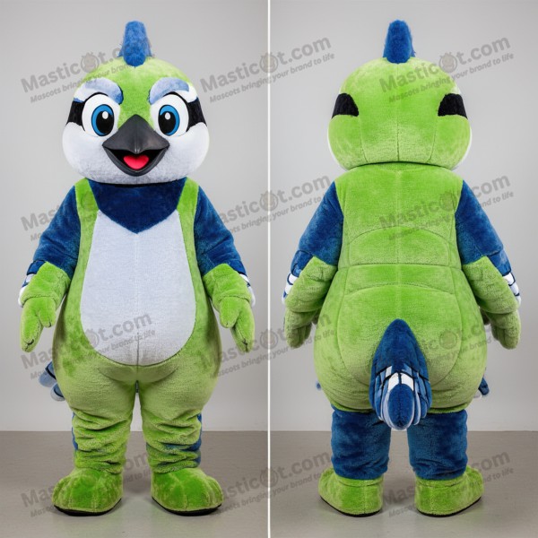 Lime green feathered blue jay mascot - Masticot.com