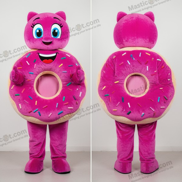 Magenta glaserad donut-maskot - Munk - MASTICOT_29427 - Masticot.com