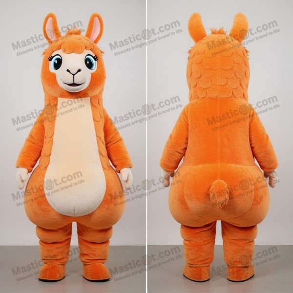 Costum mascotă lamă portocalie, pufoasă și prietenoasă -