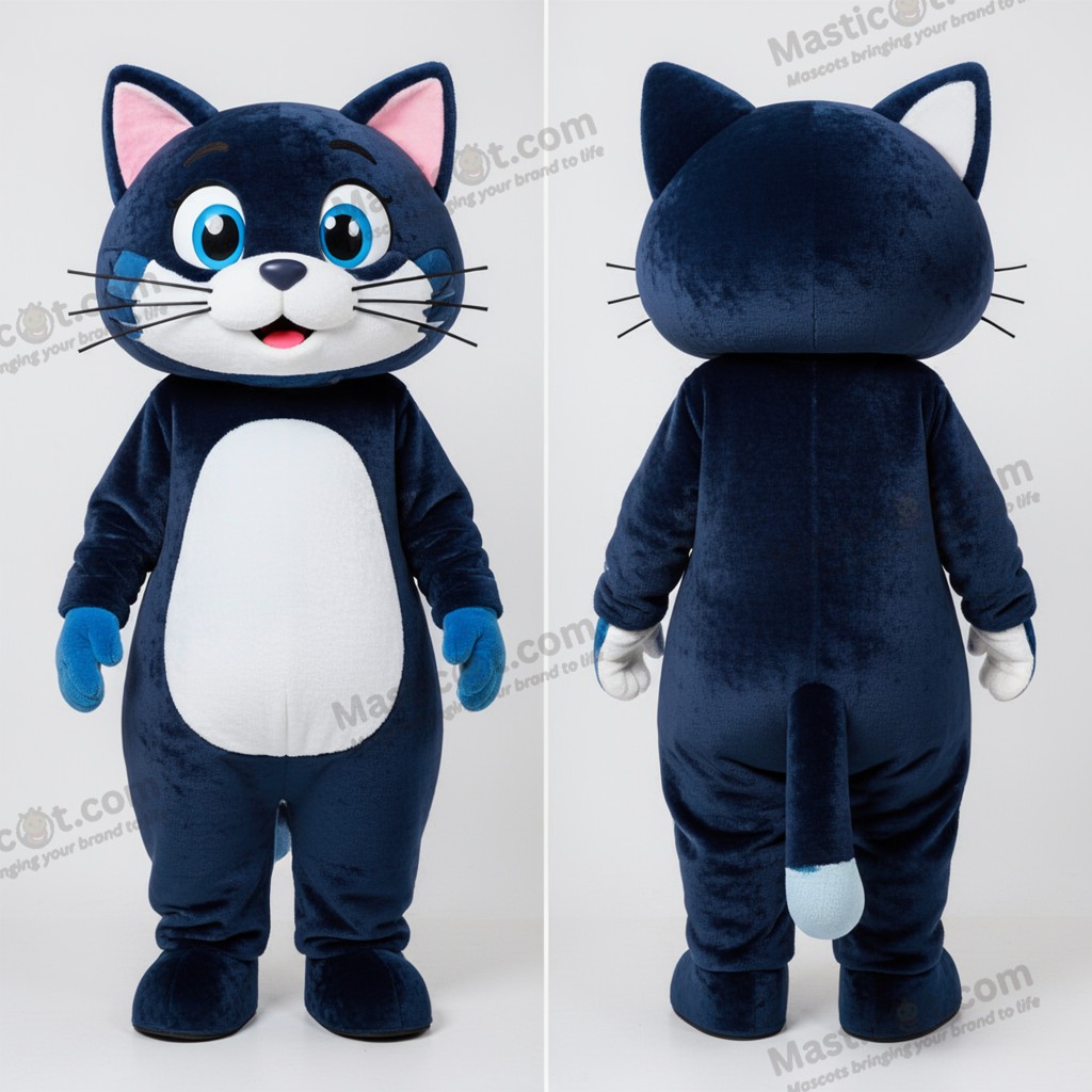 Navy blue rounded cat mascot - Cat - MASTICOT_32510 - Masticot.com