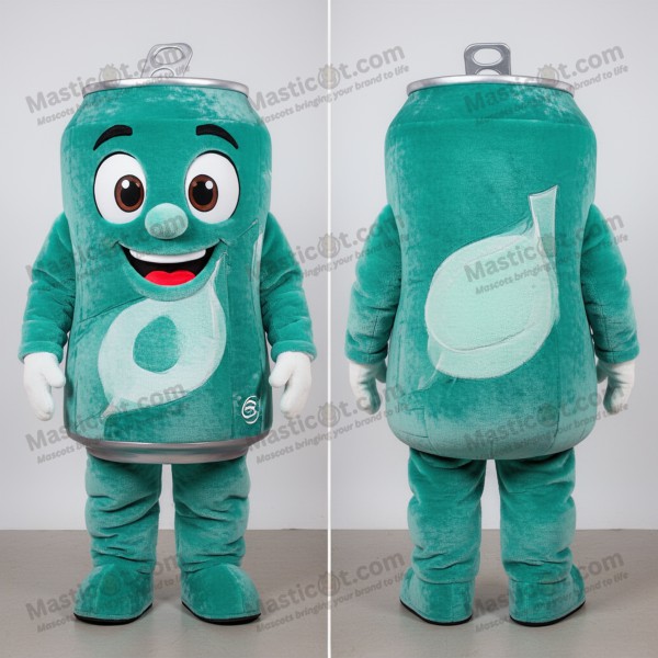 Teal velvety soda can mascot - Masticot.com