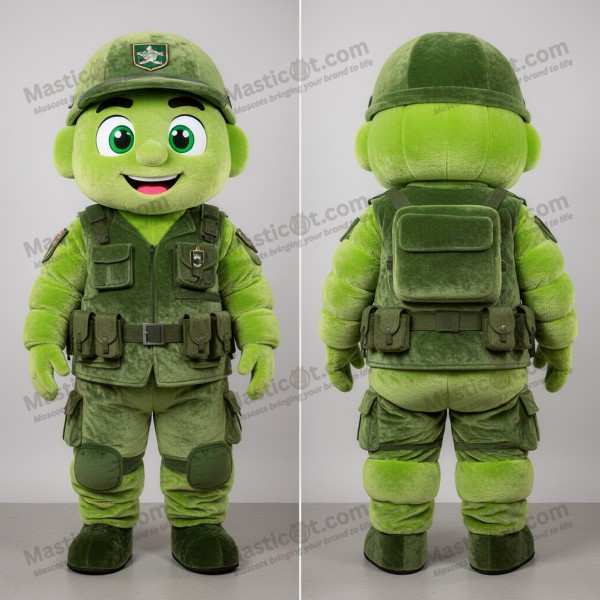 Lime green broad shouldered army soldier mascot -
