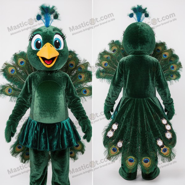 Emerald green feathered peacock mascot - Masticot.com