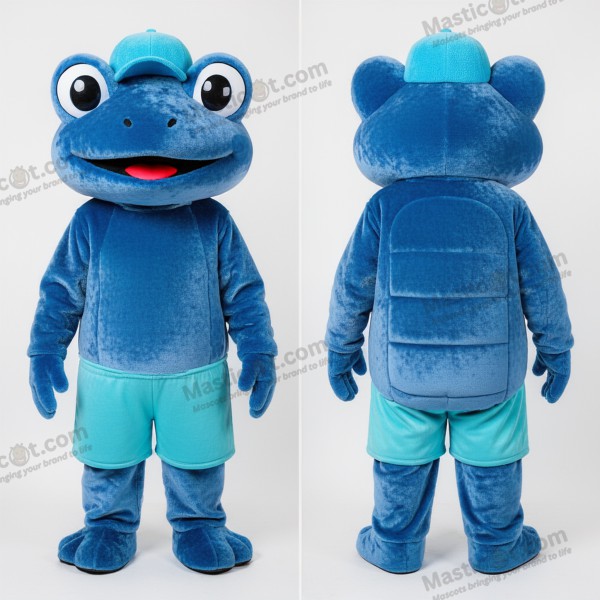 Sametový modrý maskot žáby v kresleném provedení - Žába - MASTICOT_43931 - Masticot.com