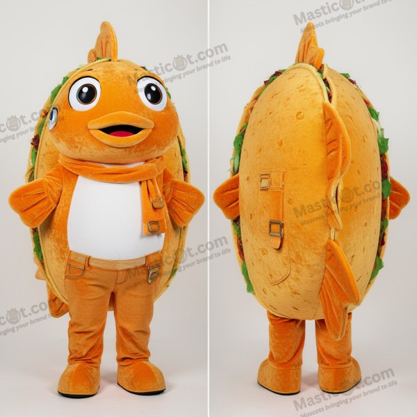 Živý oranžový plyšový maskot Rybí tacos - Tacos s rybou - MASTICOT_46427 - Masticot.com