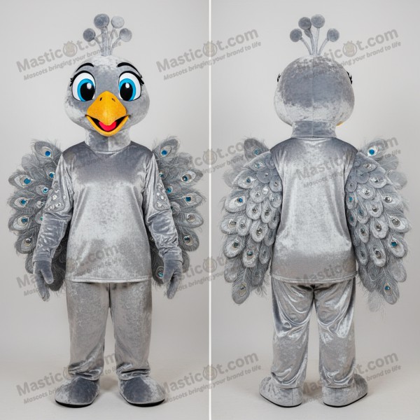 Silvery broad feathered peacock mascot - Masticot.com