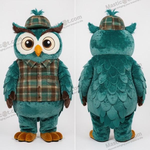 Teal feathered broad shouldered owl mascot - Owl - MASTICOT_47943 - Masticot.com