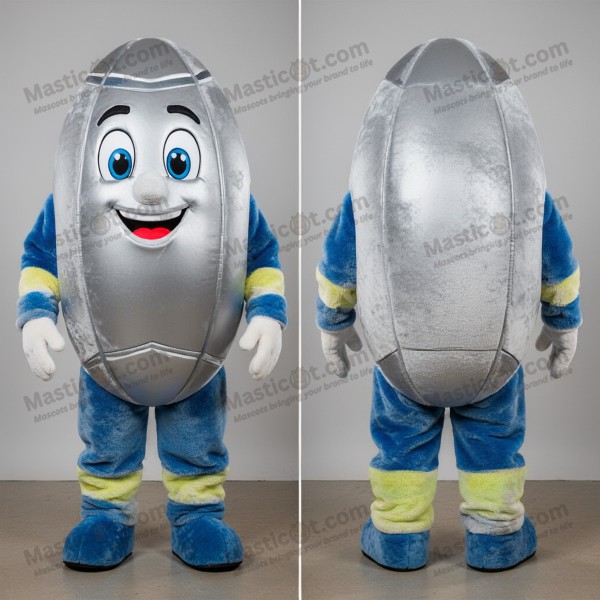 Silver Gleaming Cartoon Rugby Ball Mascot - Masticot.com