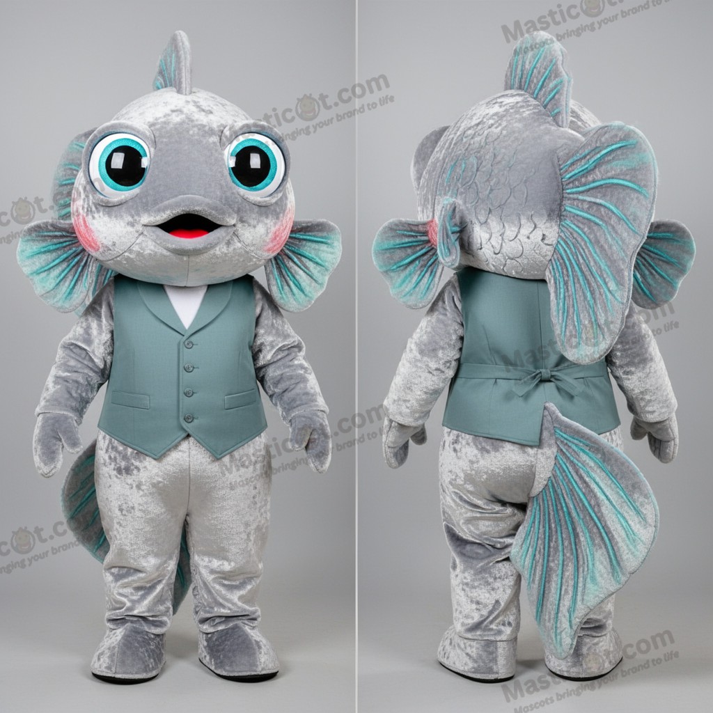 Stříbrný plyšový maskot rybky Betta s kresleným motivem - Bojovnice - MASTICOT_48676 - Masticot.com