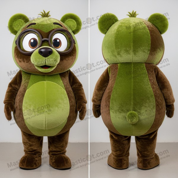 Olive green broad shouldered spectacled bear mascot -