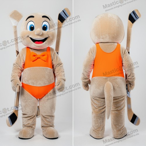 Beiger Samt-Eisstock-Maskottchen mit ausdrucksstarker Fratze - Eishockeyschläger - MASTICOT_48830 - Masticot.com