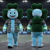 Hemelsblauwe vrolijke klavertjevier mascotte - Vierbladige Klaver - MASTICOT_49104 - Masticot.com