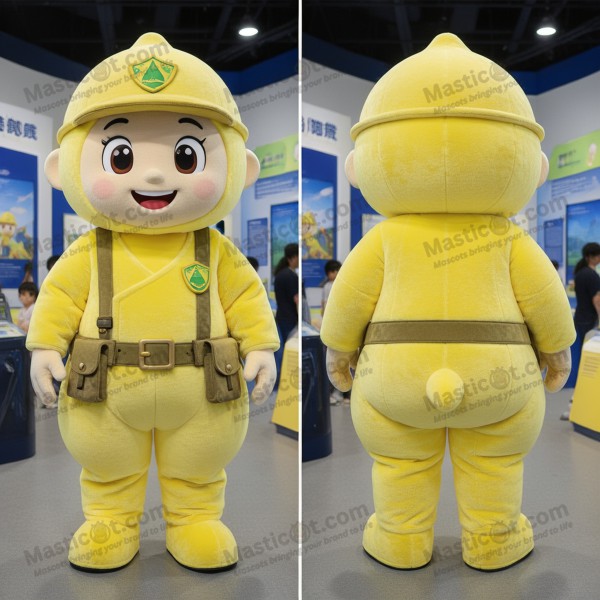 Maskot vojáka letectva v citronově žluté barvě s úsměvem -
