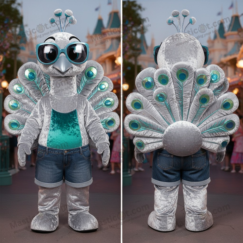 Silver Shimmering Cartoon Peacock Mascot - Masticot.com