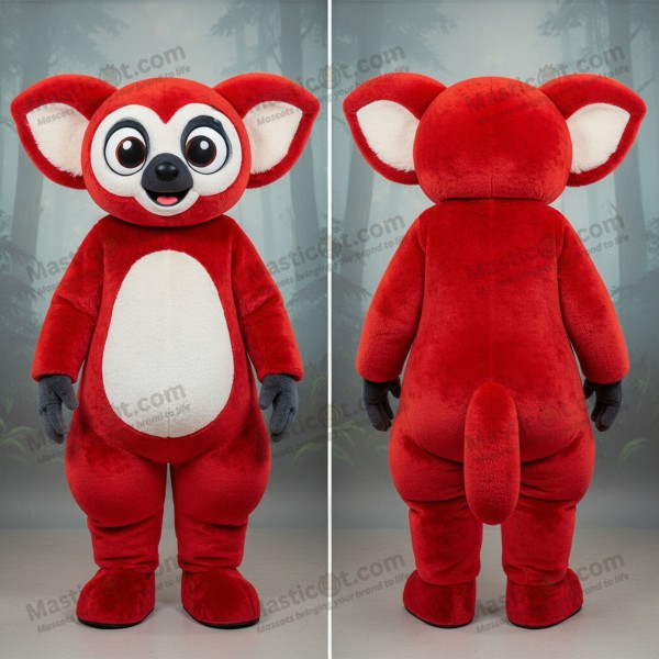 Karmínově červená expresivní maskot opice ayeaye -