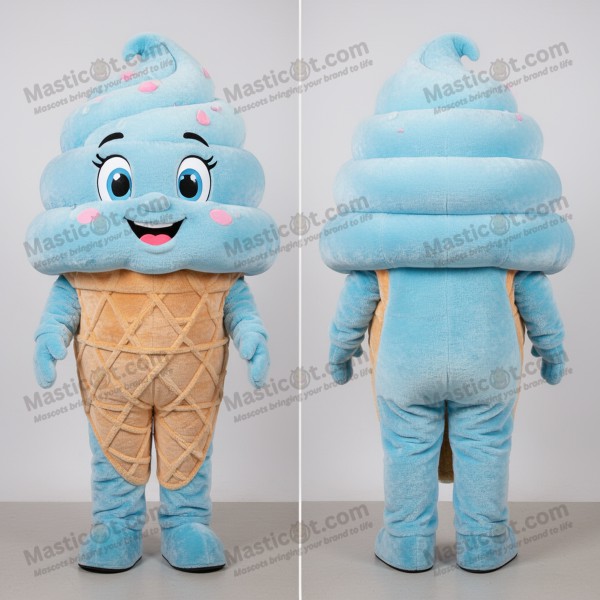 Mascota de cono de helado azul brillante con remolino -