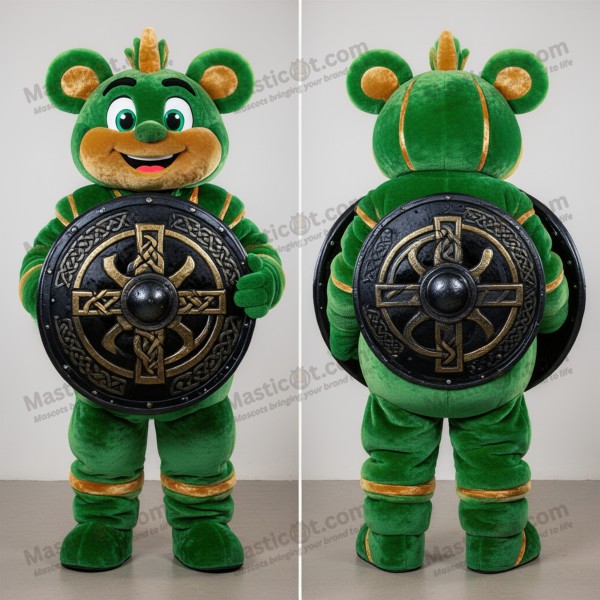 Emerald green broad shouldered celtic shield mascot -