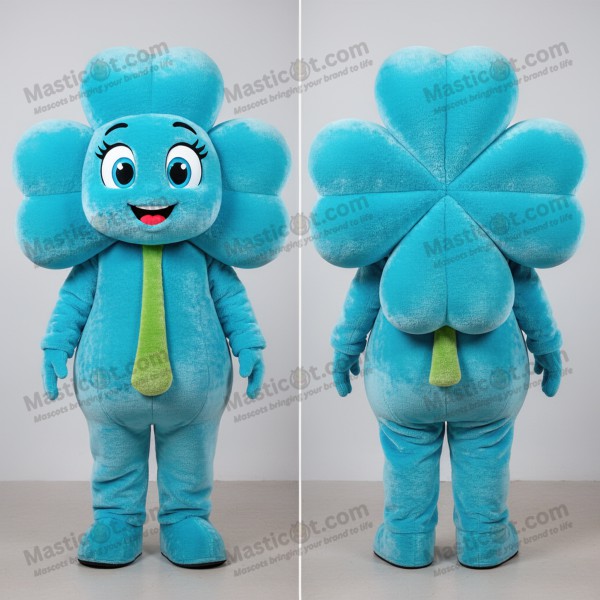 Modrý plyšový maskot čtyřlístku s karikovanými rysy -