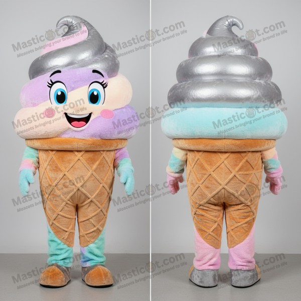 Mascota de cono de helado plateado brillante - Cono de