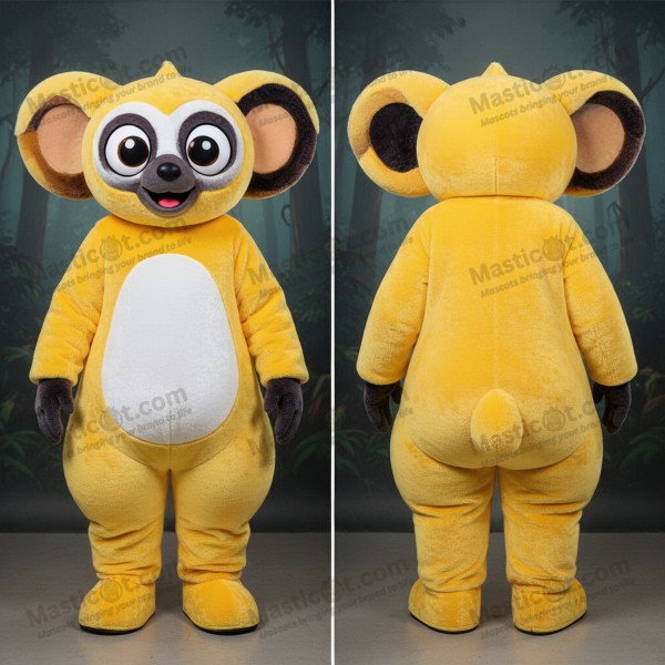 Sametová žlutá karikaturní maskota lemura ayeaye -