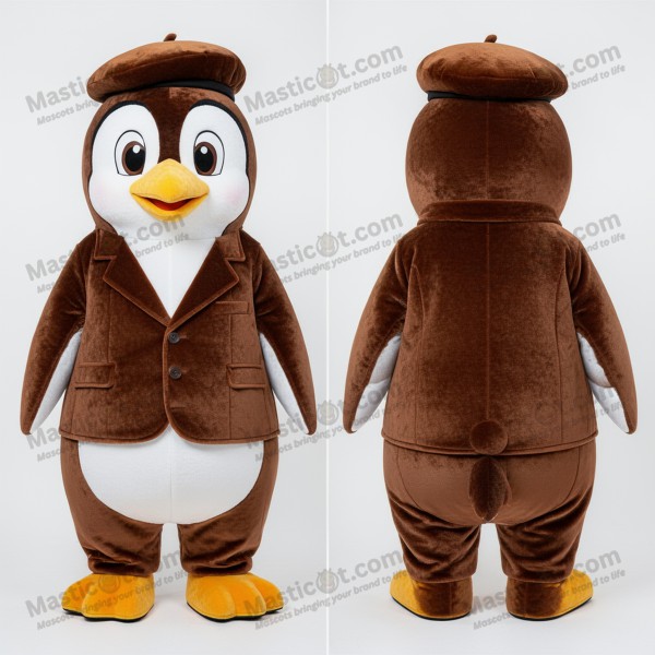 Mascota de pingüino de dibujos animados color marrón