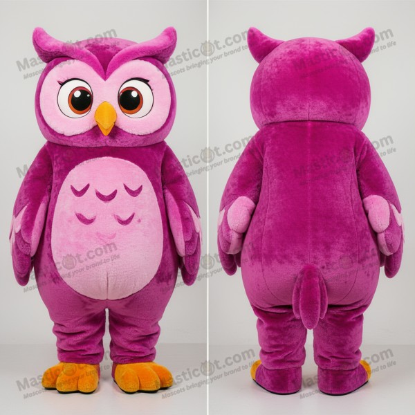 Magenta plush feathered owl mascot - Masticot.com