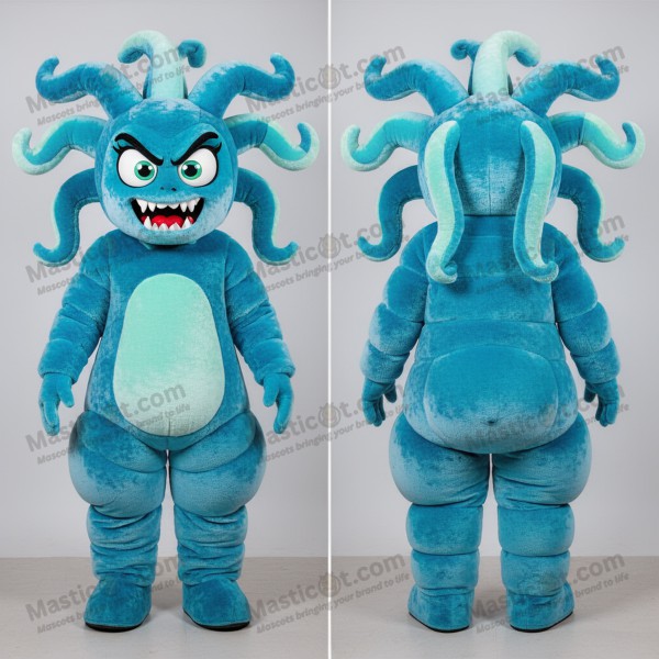 Mascotte Méduse en Denim Bleu Cyan à Serpents Cloutés -