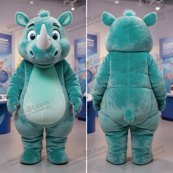 Teal plush broad shouldered woolly rhinoceros mascot -