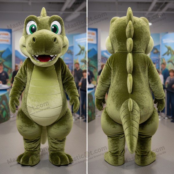 Olive green broad shouldered spinosaurus mascot -