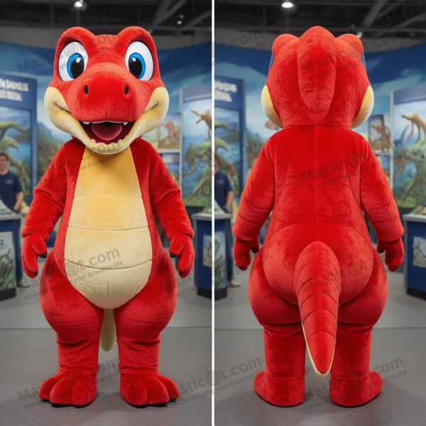 Přátelský karmínově červený kostým mascot koelofýze -