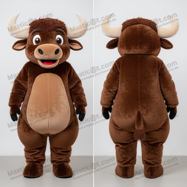 Mascota de búfalo tierno color marrón chocolate -
