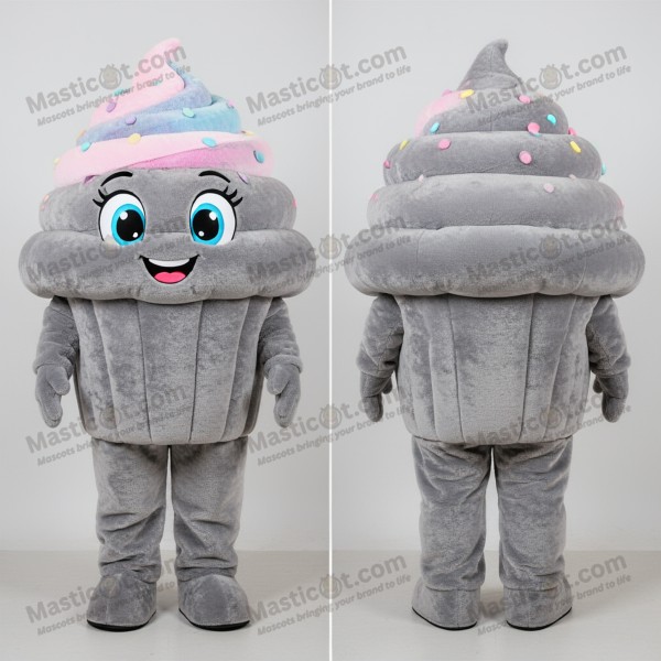 Velvety gray cheerful cupcake mascot - Masticot.com