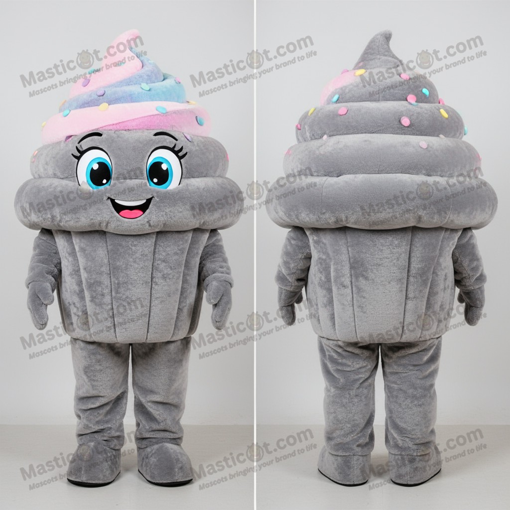Velvety gray cheerful cupcake mascot - Masticot.com