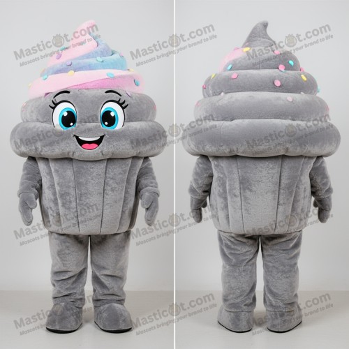 Velvety gray cheerful cupcake mascot - Masticot.com