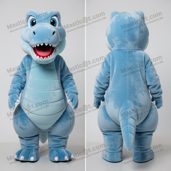 Costum mascot tyrannosaurus albastru deschis cu umeri lați