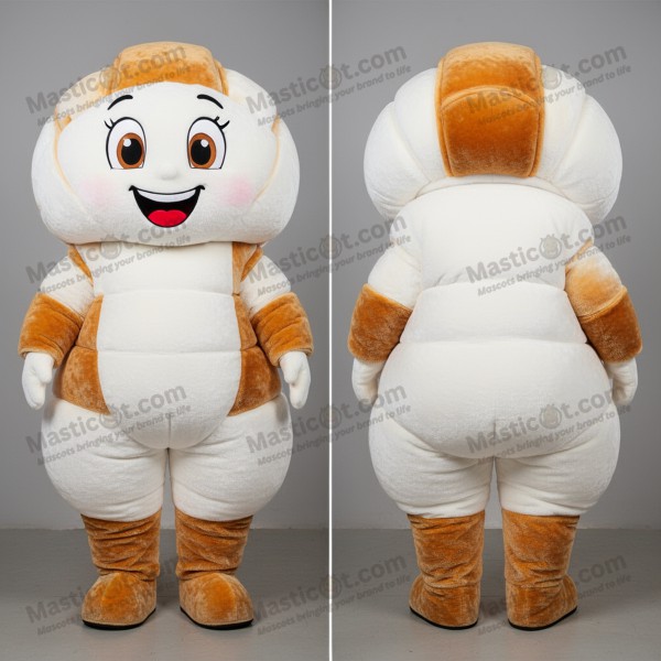 Mascota de croissant blanco mantecoso en forma de media